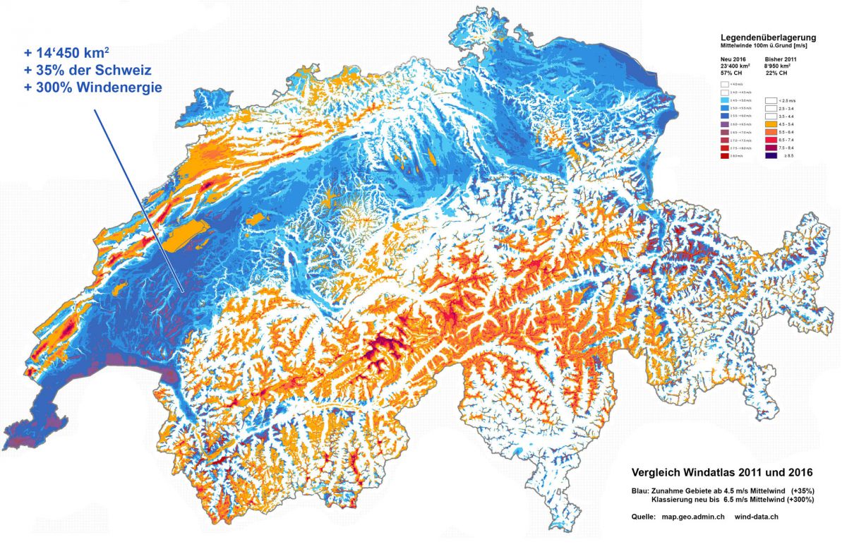 Vergleich Windatlas 2011-2016 - Massive Aufwertung um bis zu 300%