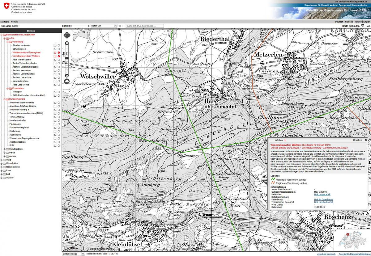 Zwei Wildtierkorridore von nationaler Bedeutung kreuzen sich auf dem Chall und machen dieses Gebiet zu einem Naturraum von besonderer Bedeutung (Quelle: BAFU WebGIS)