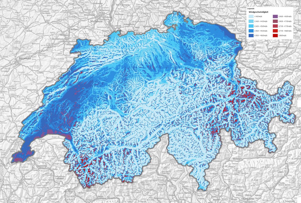 Windkarte Schweiz (Mittelwinde 100m über Grund) Quelle map.geo.admin.ch Windkarte Schweiz (Mittelwinde 100m über Grund) Quelle map.geo.admin.ch