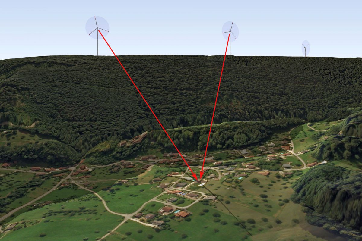 Schattenwurf von zwei Windkraftanlagen auf dem Chall in die Gemeinde Burg i.L. Im Winterhalbjahr sind Beeinträchtigungen möglich.