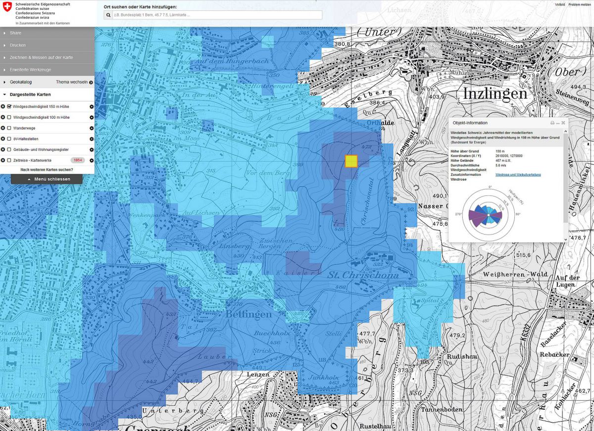 Windverhältnisse auf der Chrischona: 5.6 m/s Mittelwind auf 150m