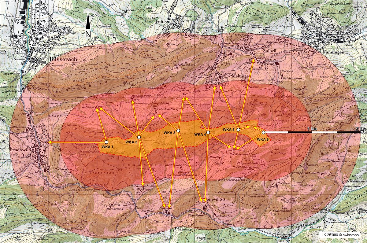 Windpark Meltingerberg: Von Lärmimmissionen betroffene Gebiete Windpark Meltingerberg: Von Lärmimmissionen betroffene Gebiete