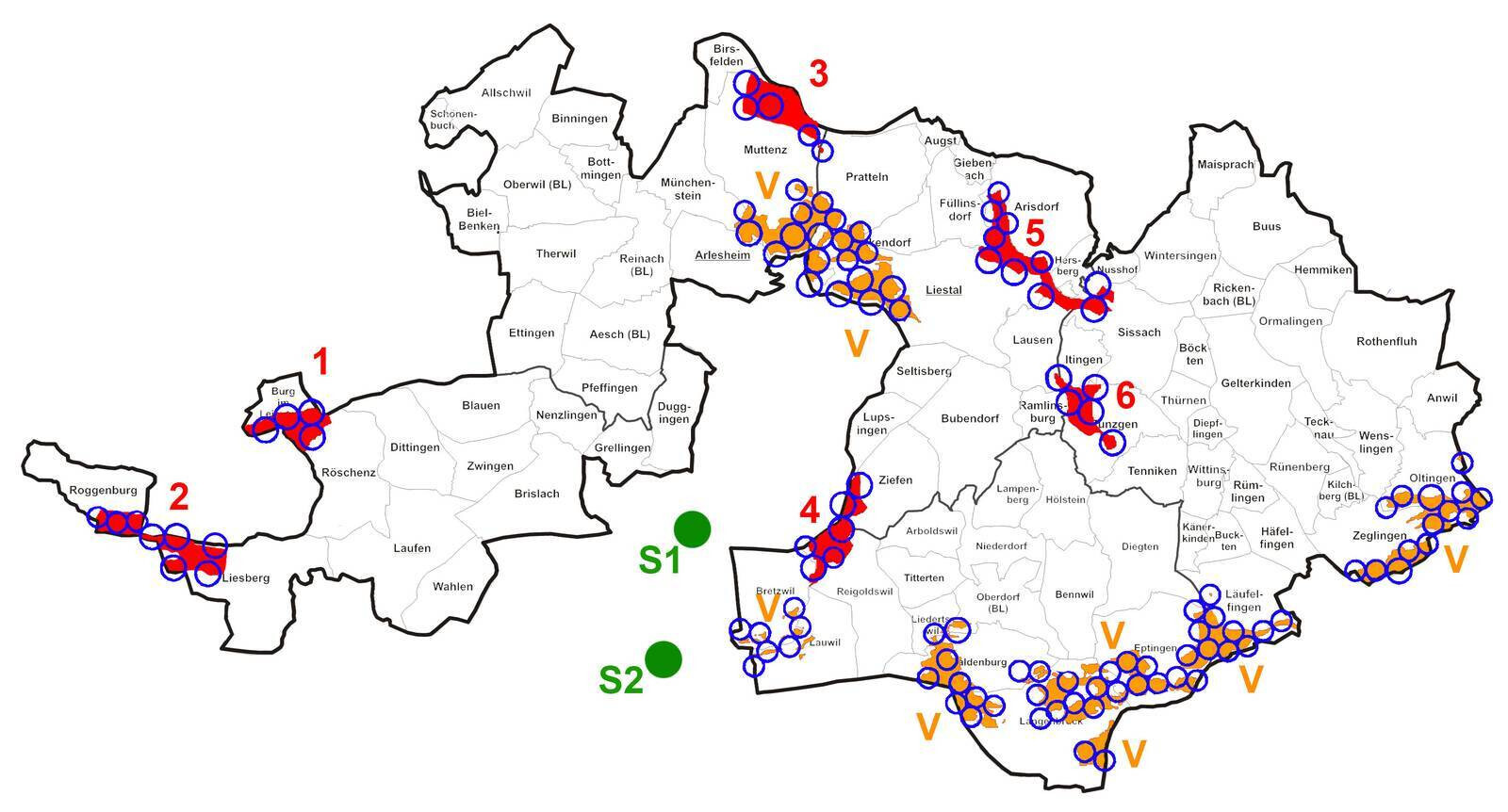 Windzonen Richtplan BL (Festlegung rot, Vororientierung orange)