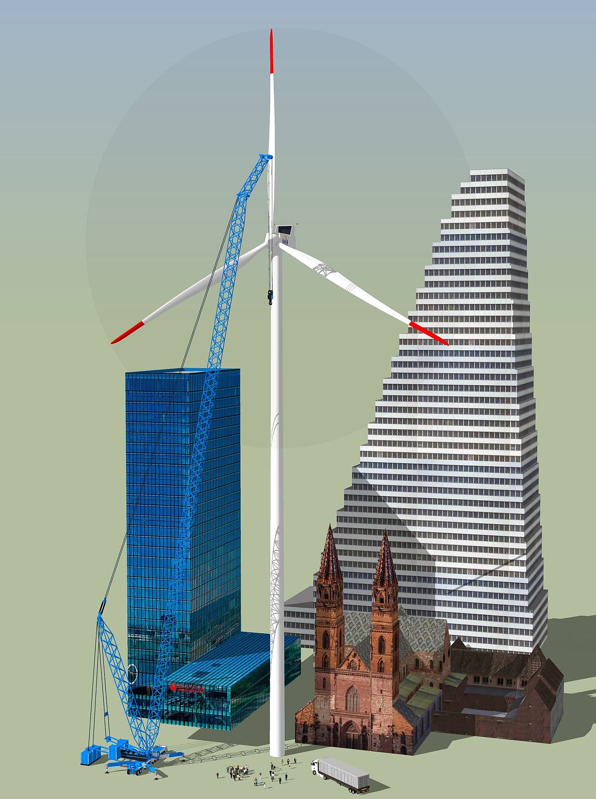 Grössenvergleich einer Vestas V112-Anlage (Rotor Ø 112 m, Nabenhöhe 140 m) mit dem Roche-Turm, Messeturm und dem Basler Münster Grössenvergleich einer Vestas V112-Anlage (Rotor Ø 112 m, Nabenhöhe 140 m) mit dem Roche-Turm, Messeturm und dem Basler Münster - Gigantismus pur!