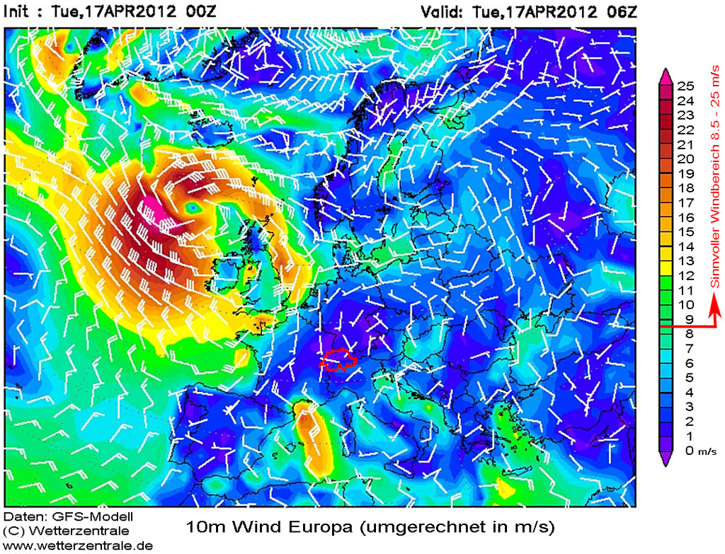 Windverteilung in Europa (in m/s, 10 m über Grund) Windverteilung in Europa (in m/s, 10 m über Grund)